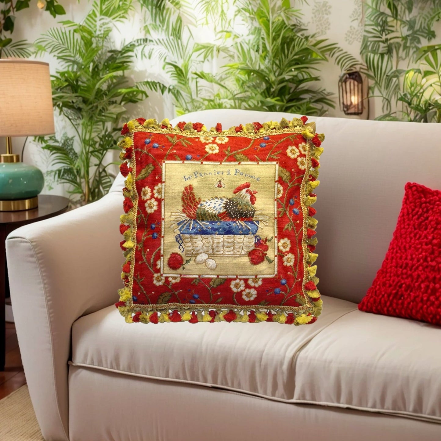 Handmade Wool Needlepoint Pillow Cover - Decorative Throw Cushion Cover - Vintage Floral Embroidery Design SudiMcCollums design Le Panier a Pomme, with  bea and 3 color tassel