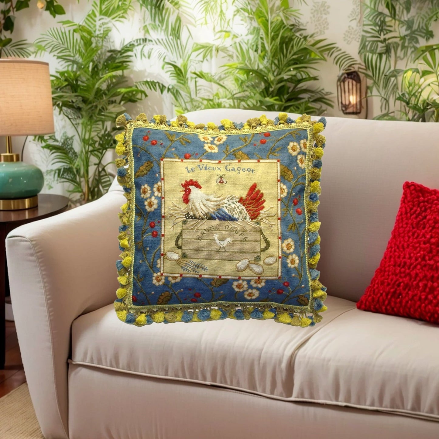 Handmade Wool Needlepoint Pillow Cover - Decorative Throw Cushion Cover - Vintage Floral Embroidery Design Sudi McCollums designLe Vieux Cageot with  bee and 3 color tassel