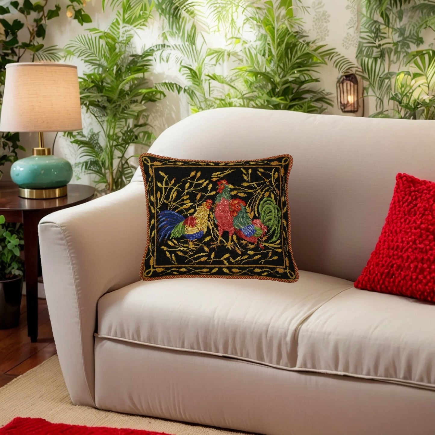 Handmade Wool Needlepoint Pillow Cover - Decorative Throw Cushion Cover - Vintage Floral Embroidery Design Anne Hathaways design 3 roosters