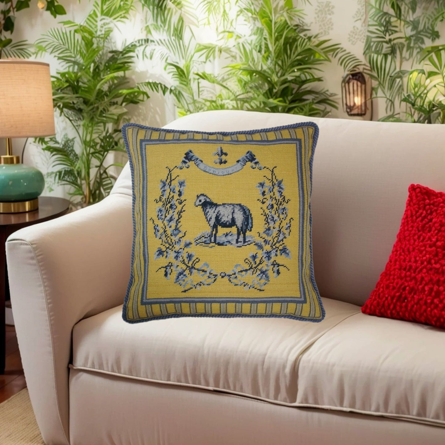 Handmade Wool Needlepoint Pillow Cover - Decorative Throw Cushion Cover - Vintage Floral Embroidery Design yellow/blue sheep with cording