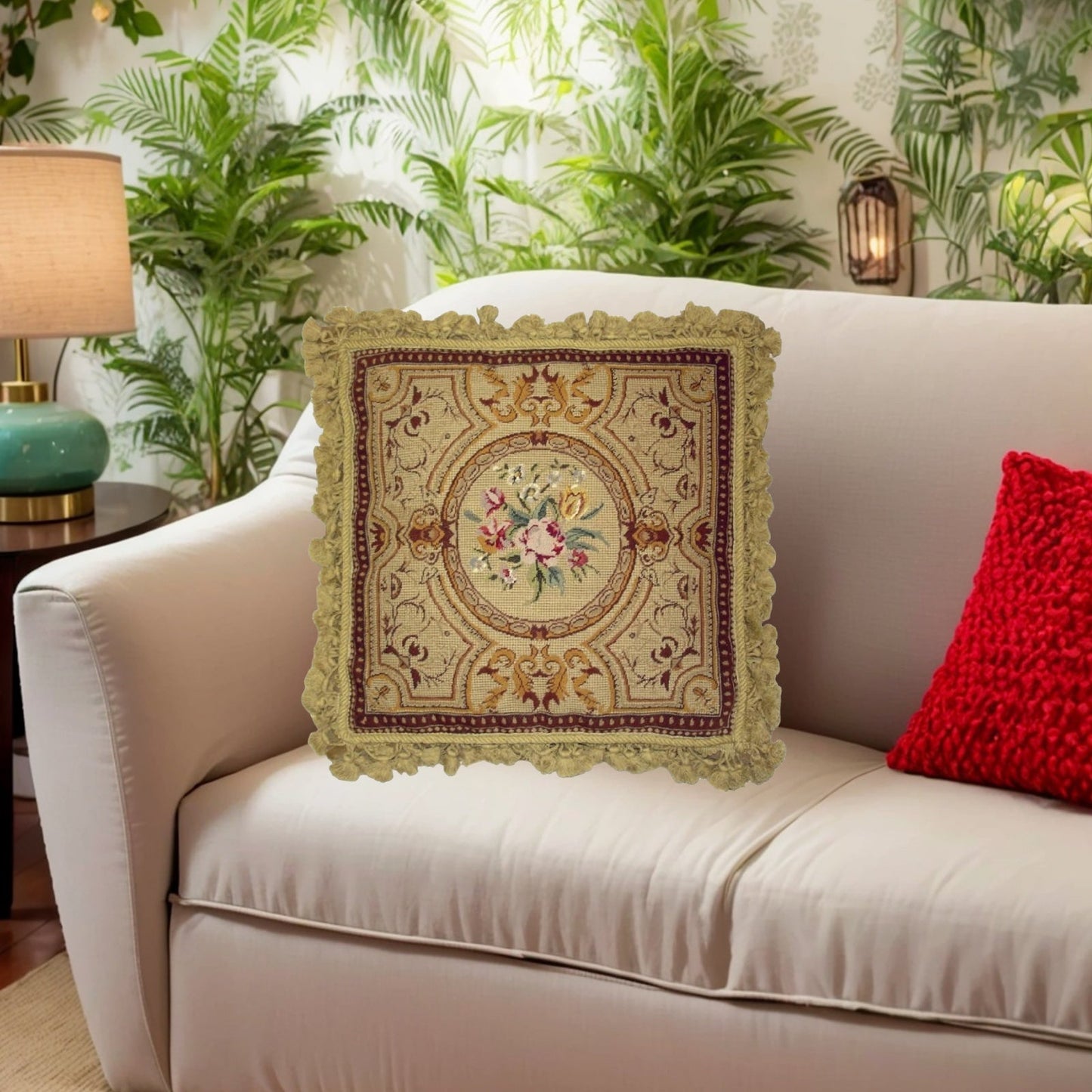 Handmade Wool Needlepoint Pillow Cover - Decorative Throw Cushion Cover - Vintage Floral Embroidery Design golden antique frame & roses center with gold tassels