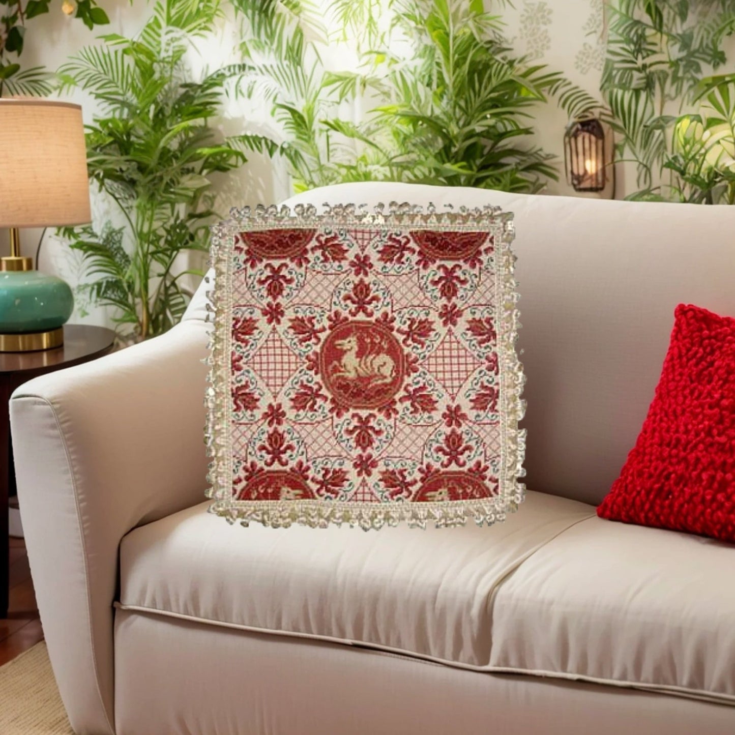 Handmade Wool Needlepoint Pillow Cover - Decorative Throw Cushion Cover - Vintage Floral Embroidery Design red ancient dogs with tassels I