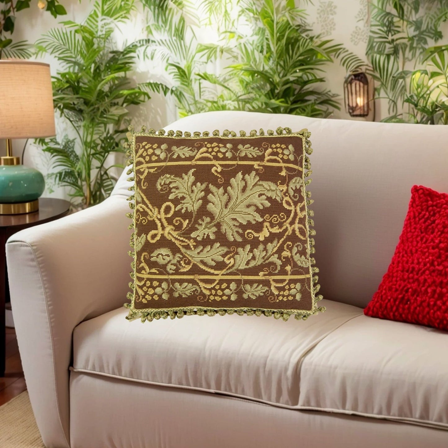 Handmade Wool Needlepoint Pillow Cover - Decorative Throw Cushion Cover - Vintage Floral Embroidery Design olive-brown grapes leave with 2 color tassels