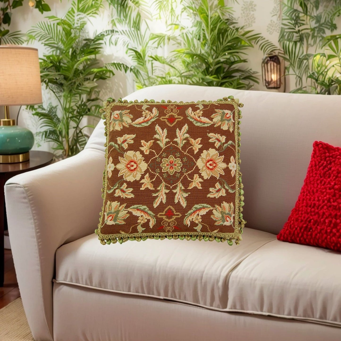 Handmade Wool Needlepoint Pillow Cover - Decorative Throw Cushion Cover - Vintage Floral Embroidery Design milk chocolate background 3 big flowers center with tassels