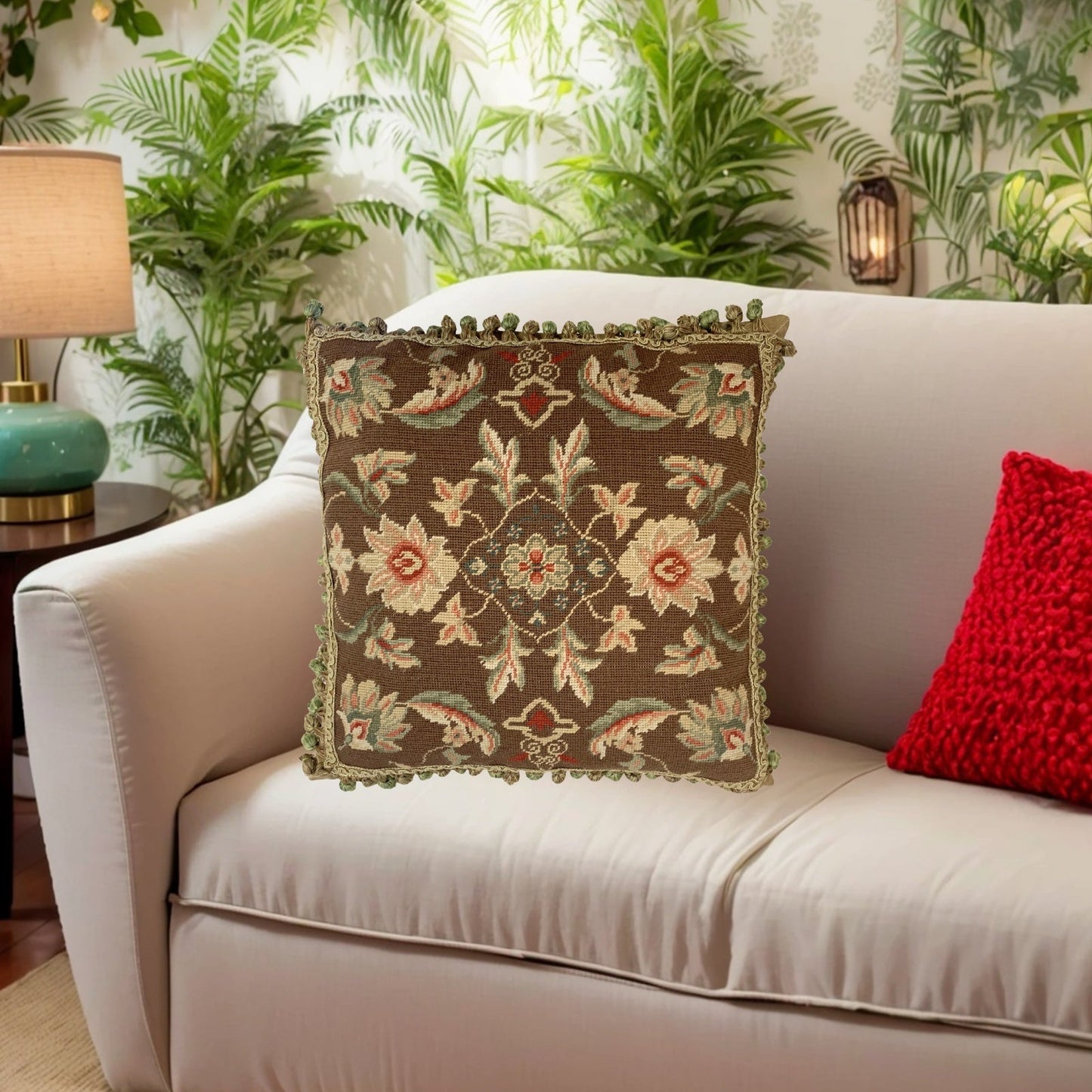 Handmade Wool Needlepoint Pillow Cover - Decorative Throw Cushion Cover - Vintage Floral Embroidery Designmilk chocolate background 3 small flower center with tassels