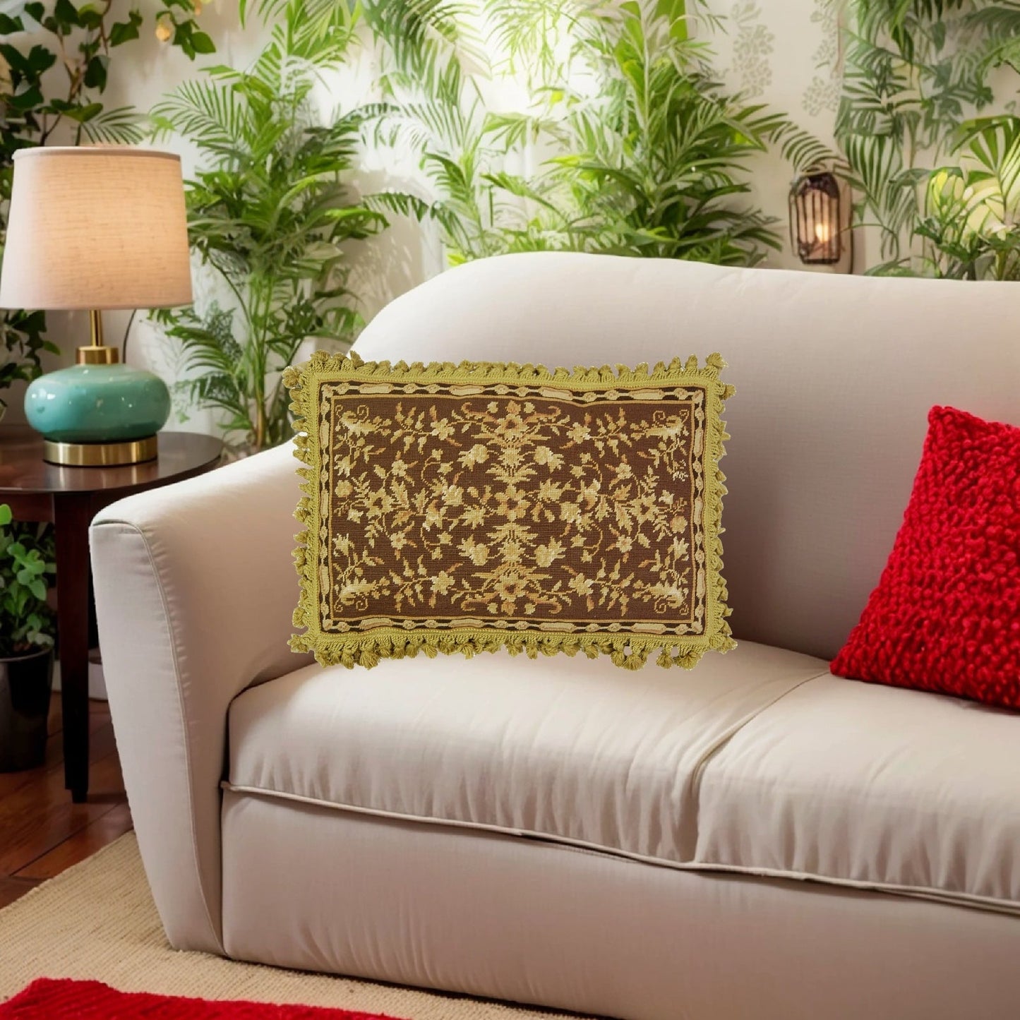Handmade Wool Needlepoint Pillow Cover - Decorative Throw Cushion Cover - Vintage Floral Embroidery Design milk brown-gold small leaves with cold tassels