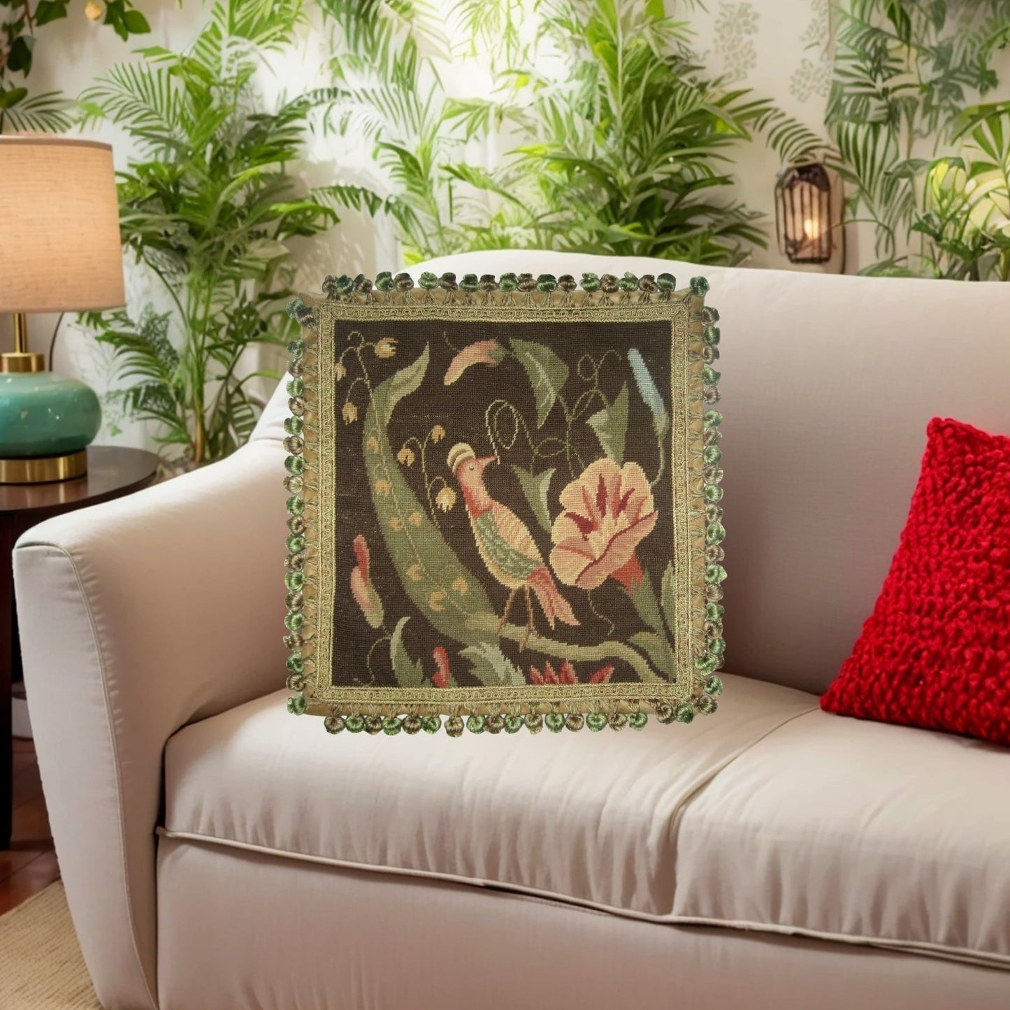 Handmade Wool Needlepoint Pillow Cover - Decorative Throw Cushion Cover - Vintage Floral Embroidery Design morning-glory/bird with tassel