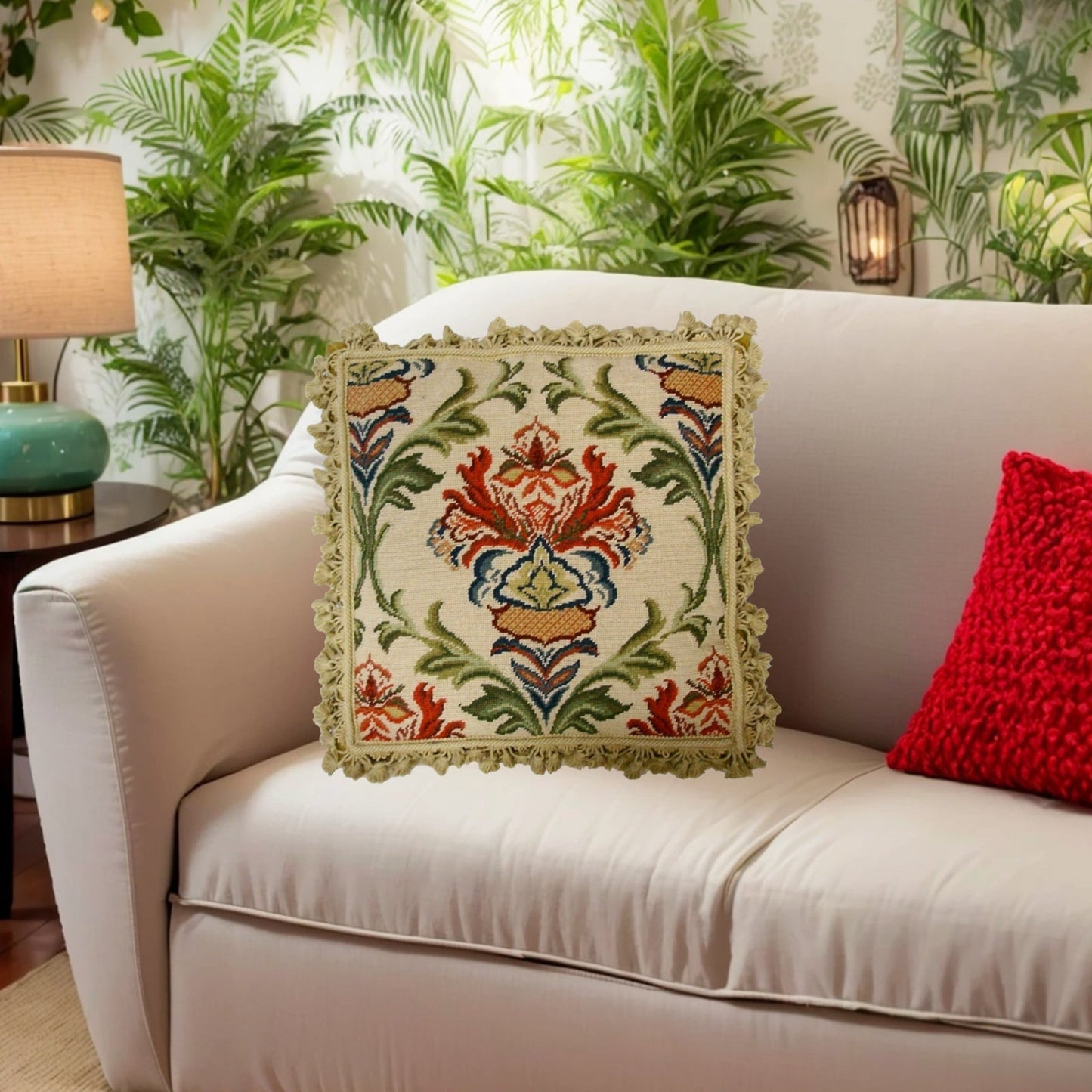 Handmade Wool Needlepoint Pillow Cover - Decorative Throw Cushion Cover - Vintage Floral Embroidery Design William Morris Design with nature tassels