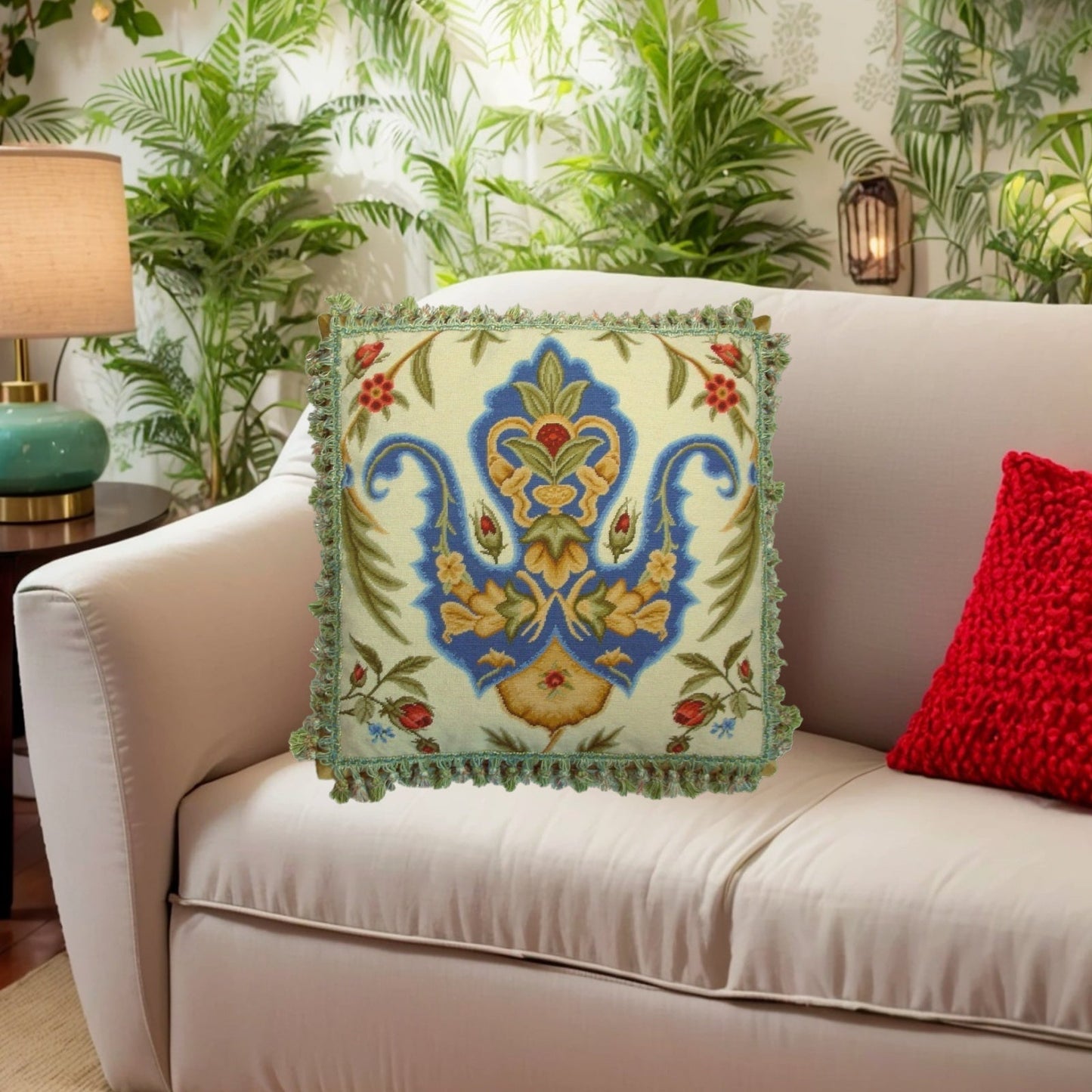 Handmade Wool Needlepoint Pillow Cover - Decorative Throw Cushion Cover - Vintage Floral Embroidery Design  blue tulip red roses with tassels