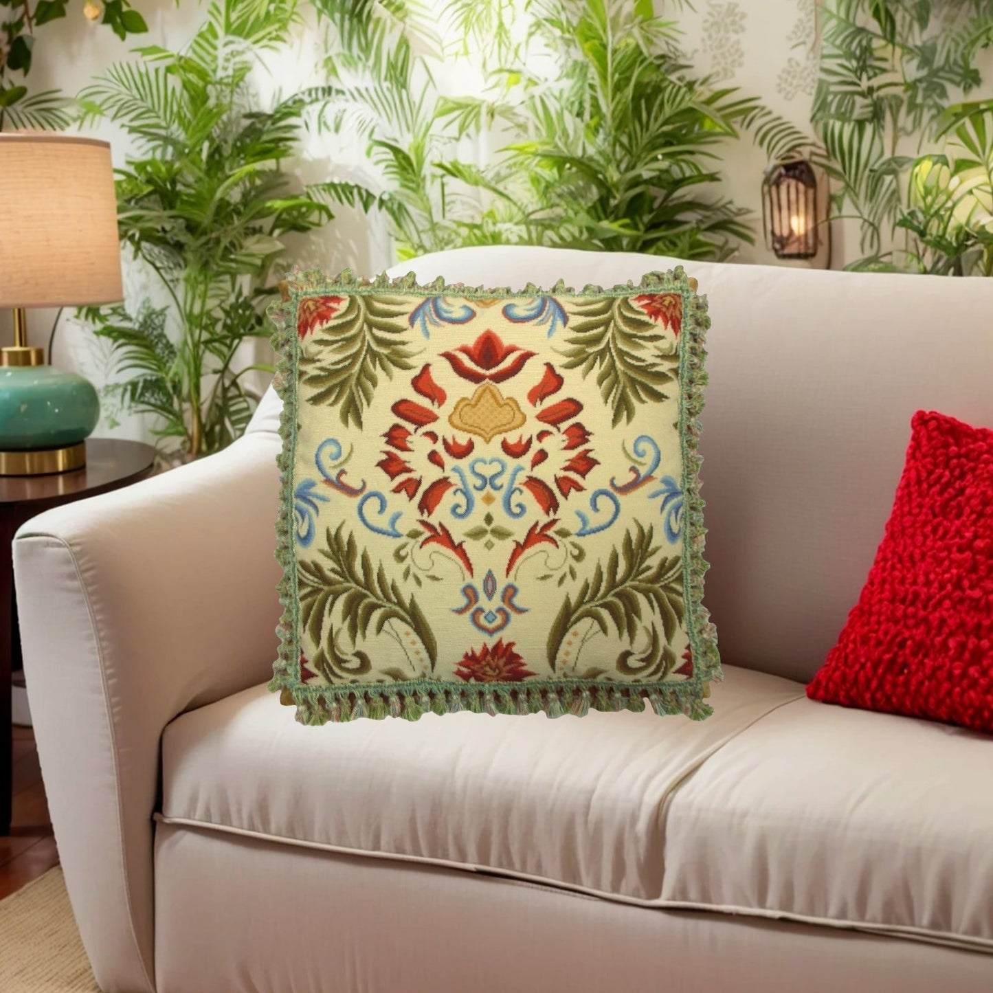 Handmade Wool Needlepoint Pillow Cover - Decorative Throw Cushion Cover - Vintage Floral Embroidery Design red tulip green leaves with tassels