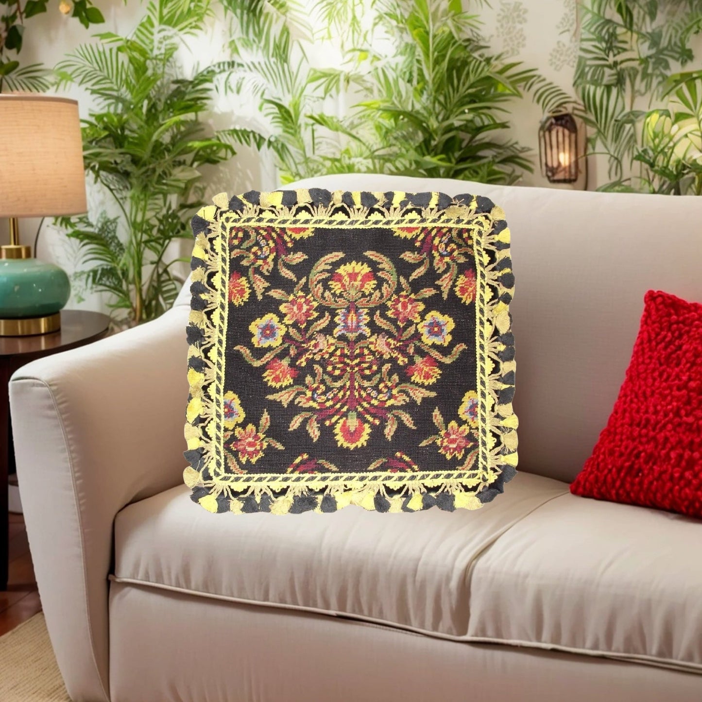 Handmade Wool Needlepoint Pillow Cover - Decorative Throw Cushion Cover - Vintage Floral Embroidery Design William Morris design black background 2 color tassel