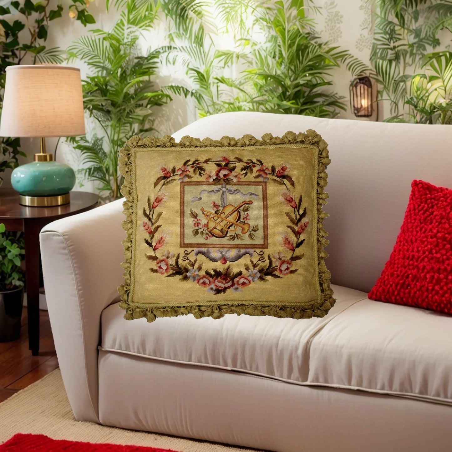 Handmade Wool Needlepoint Pillow Cover - Decorative Throw Cushion Cover - Vintage Floral Embroidery Design  big Viola and Trumpet background