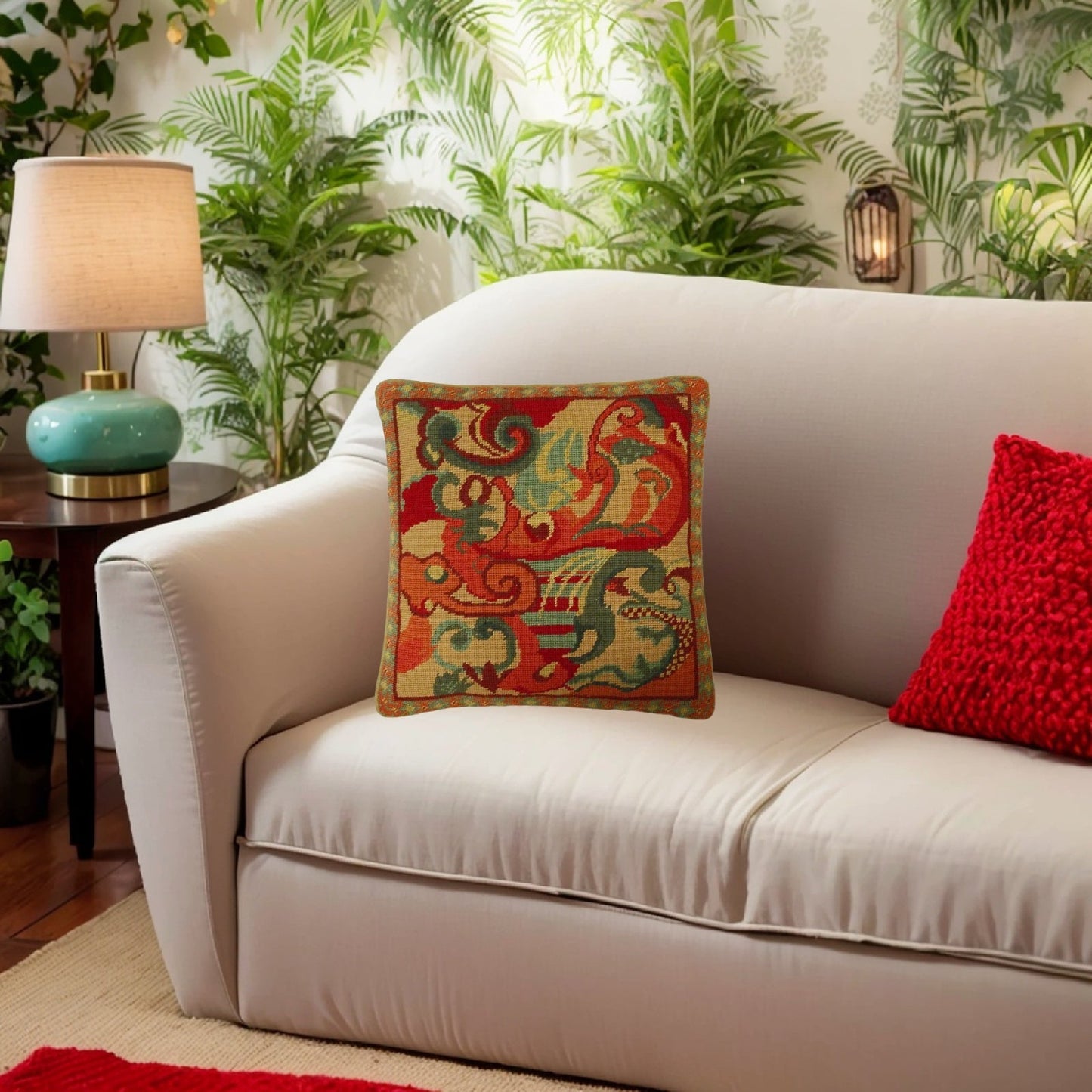 Handmade Wool Needlepoint Pillow Cover - Decorative Throw Cushion Cover - Vintage Floral Embroidery Design cloudy in shade of rich gold, red, green