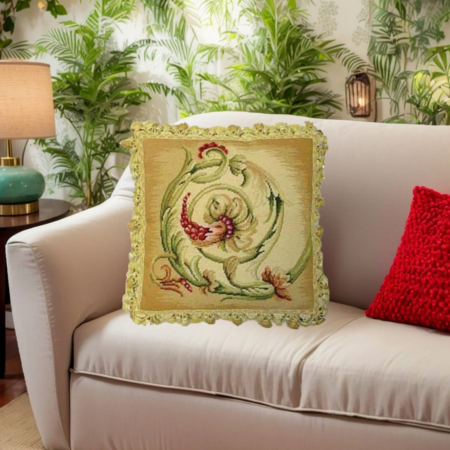 Handmade Wool Needlepoint Pillow Cover - Decorative Throw Cushion Cover - Vintage Floral Embroidery Design  Wheat blooming center circling with tassel