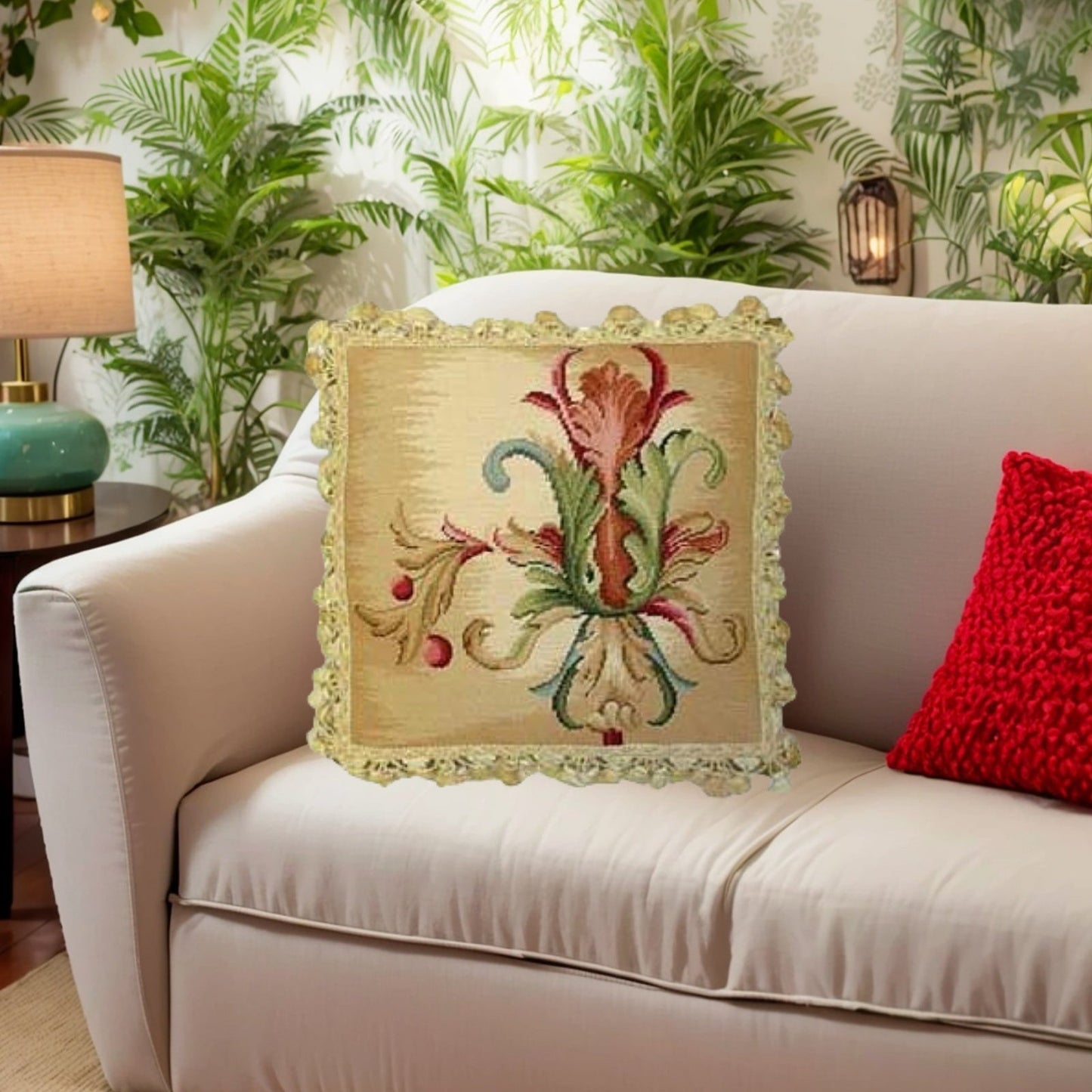 Handmade Wool Needlepoint Pillow Cover - Decorative Throw Cushion Cover - Vintage Floral Embroidery Design Wheat blooming single with tassels