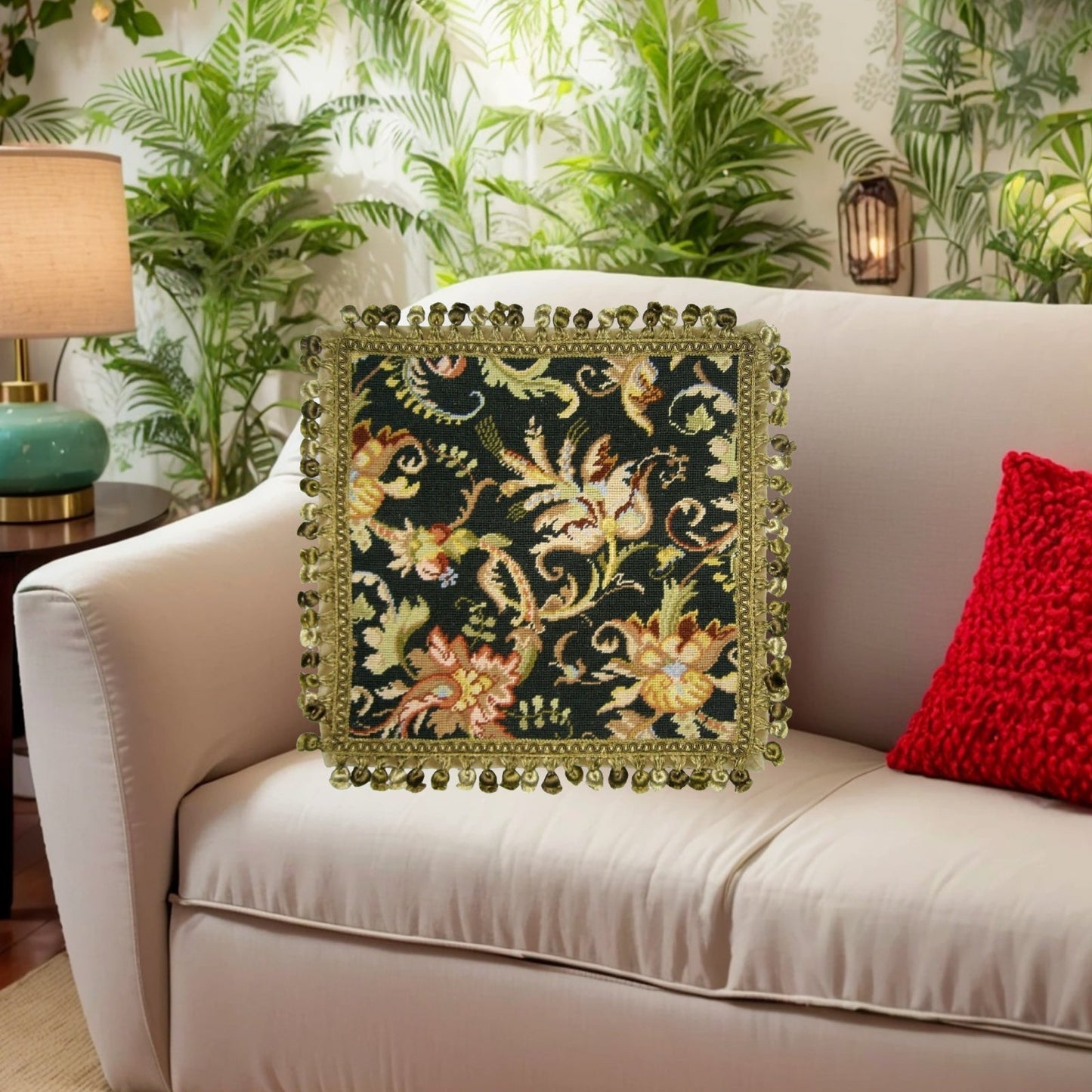 Handmade Wool Needlepoint Pillow Cover - Decorative Throw Cushion Cover - Vintage Floral Embroidery Design wheat flower blooming in autumn midnight washed black back with tassels