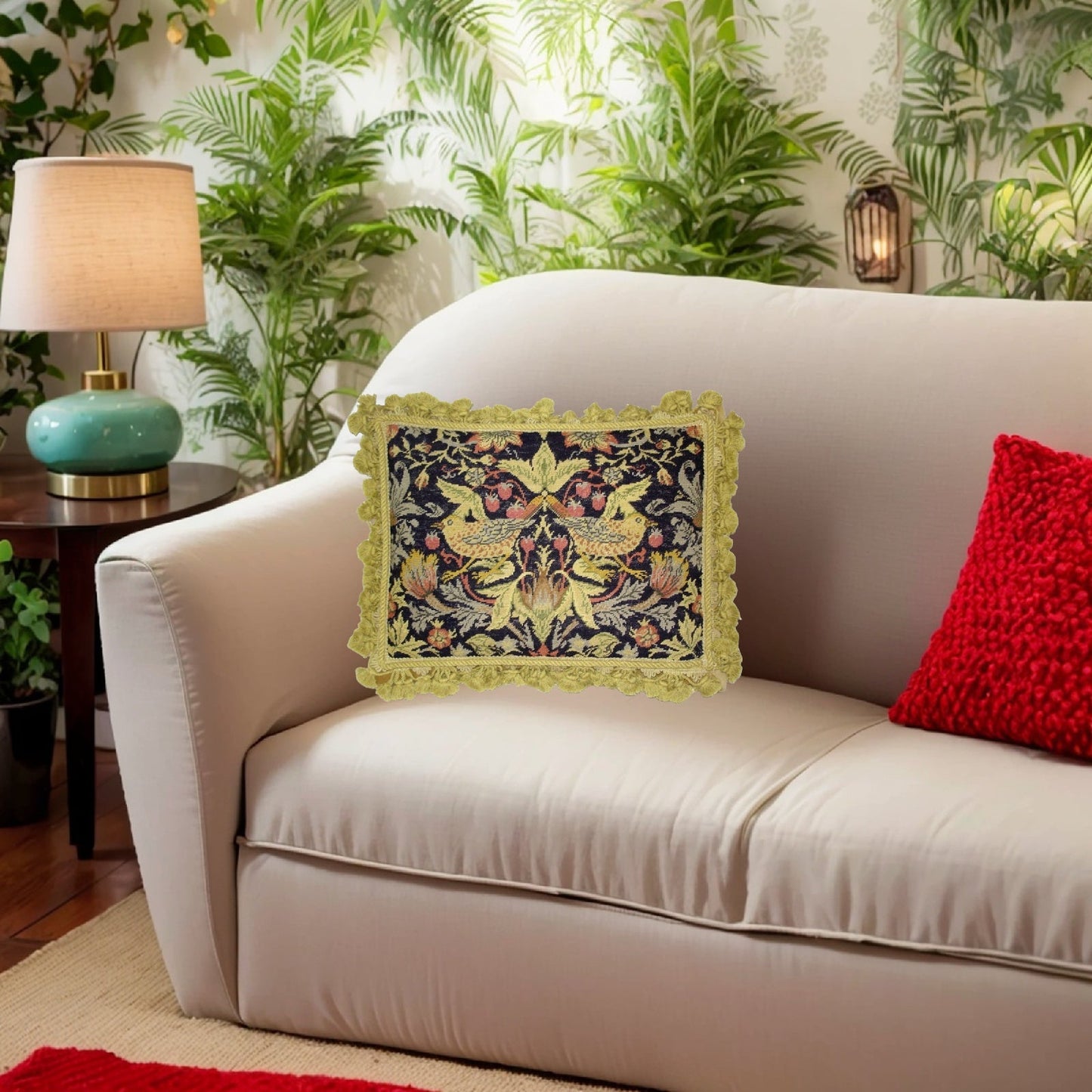 Handmade Wool Needlepoint Pillow Cover - Decorative Throw Cushion Cover - Vintage Floral Embroidery Design William Moris Design 2 yellow birds dark navy background gold tassels