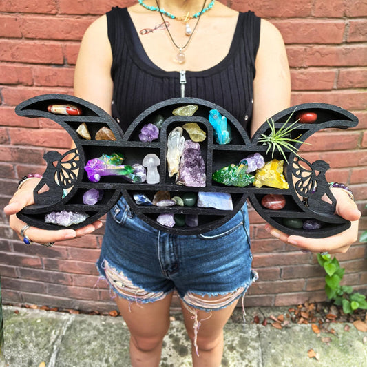Triple Moon Shelf with Fairy Design - Crystal Display Shelf for Healing Crystals, Moon Decor, Witchy Room Decor, Spiritual Decor, Boho Decor