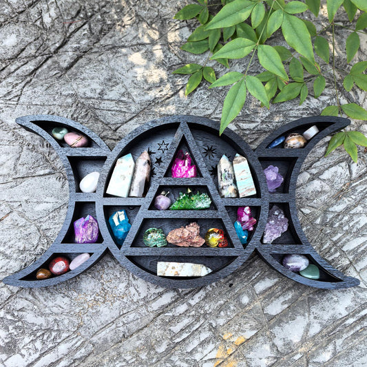 Triple Moon Crystal Shelf – Wooden Witchy Display Shelf, Gothic Altar Decor, Celestial Moon Phase Storage, Spiritual Home Decor