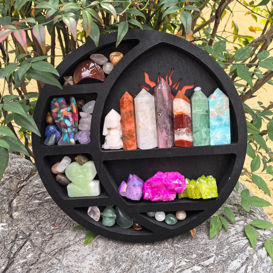 Sun Crystal Shelf – Wooden Sunburst Crystal Display, Boho Celestial Wall Art, Witchy Altar Storage, Spiritual Crystal Holder