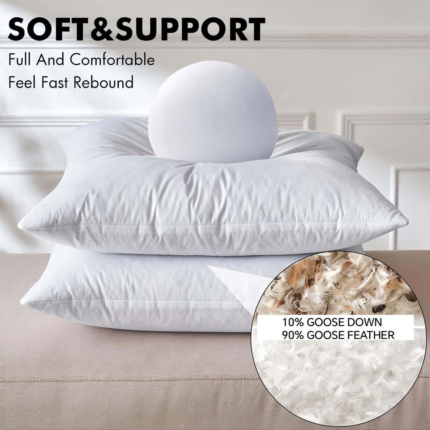 Goose Down & Feather Pillow Insert – 100% Cotton Cover – Multiple Sizes – Made in USA