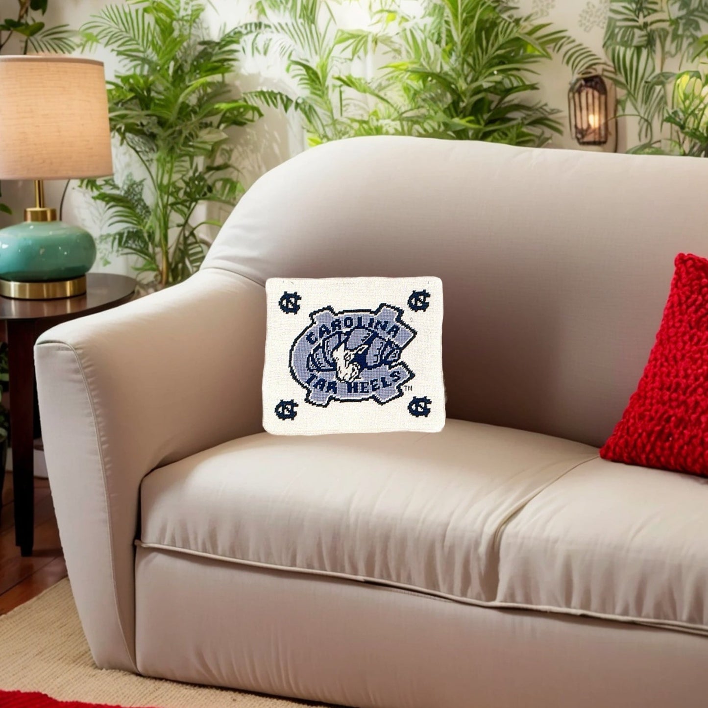 Handmade Wool Needlepoint Pillow Cover - Decorative Throw Cushion Cover - Vintage Floral Embroidery DesignN C Tar Heels