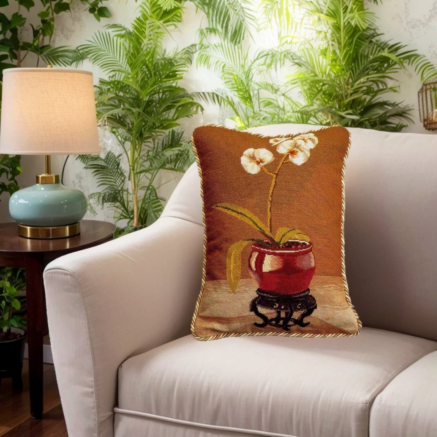 Handmade Wool Needlepoint Pillow Cover - Decorative Throw Cushion Cover - Vintage Floral Embroidery Design  white orchard in red pot with 2 color cording