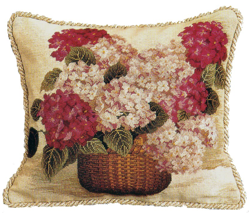 Needlepoint Hand-Embroidered Wool Throw Pillow Exquisite Home Designs  HYdrangea basket with 2 color cording