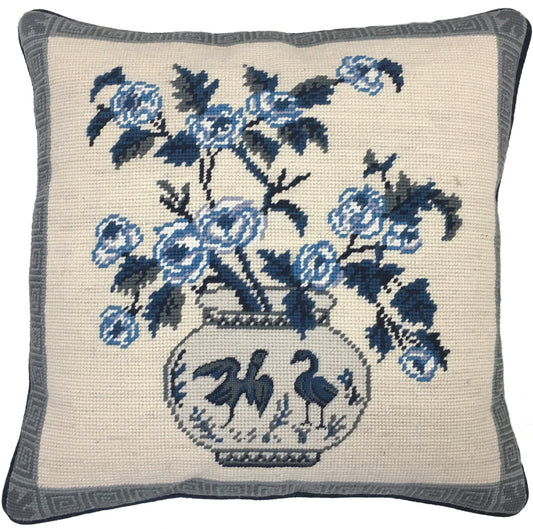 Needlepoint Hand-Embroidered Wool Throw Pillow Exquisite Home Designs W/B flower in pot 2 birds