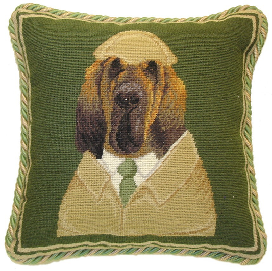 Needlepoint Hand-Embroidered Wool Throw Pillow Exquisite Home Designs  Sherlock Bloodhound with 2 color cording