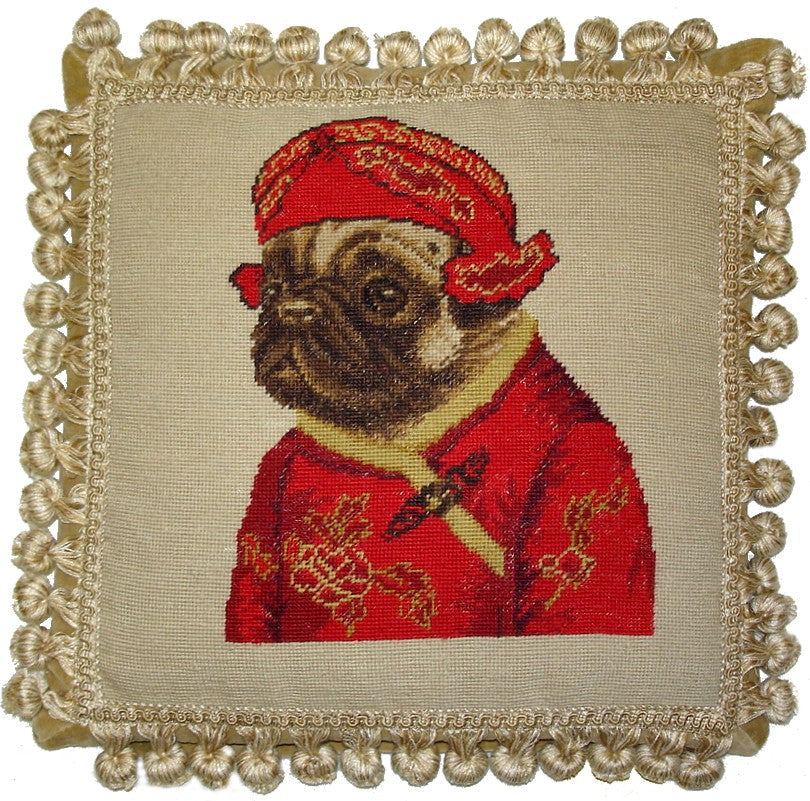 Needlepoint Hand-Embroidered Wool Throw Pillow Exquisite Home Designs  pug boy in red jacket ware hat with 3 color cording