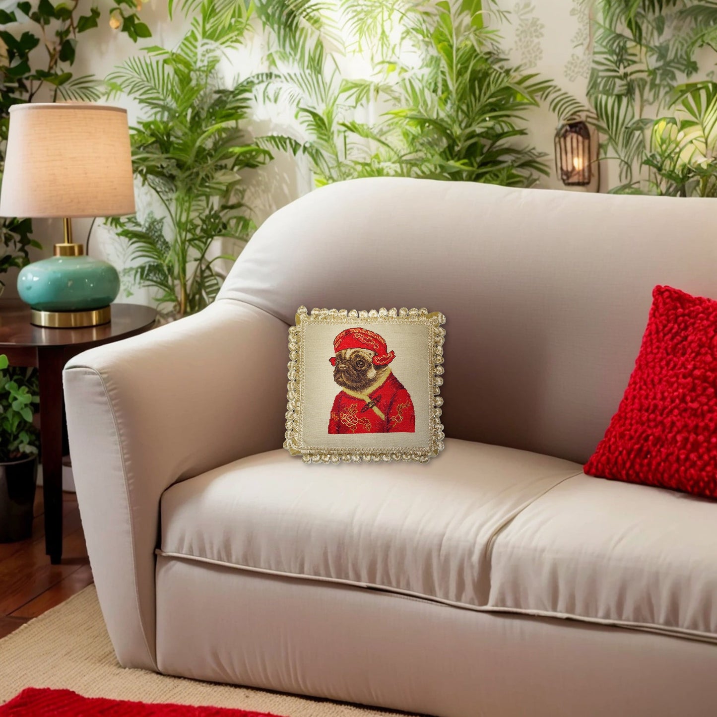 Handmade Wool Needlepoint Pillow Cover - Decorative Throw Cushion Cover - Vintage Floral Embroidery Design  pug boy in red jacket ware hat with 3 color cording