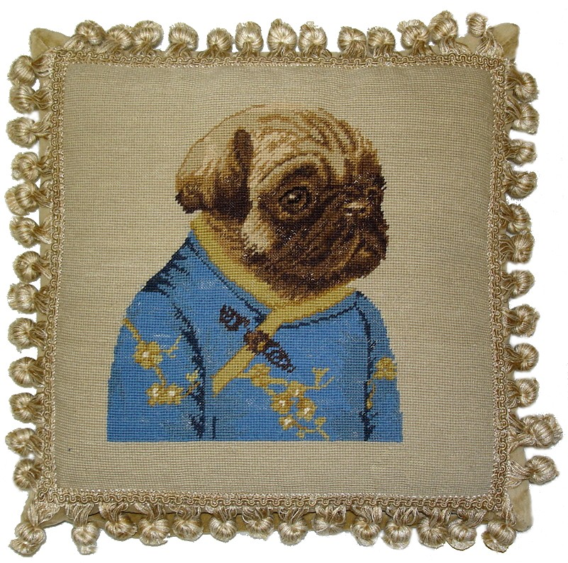 Needlepoint Hand-Embroidered Wool Throw Pillow Exquisite Home Designs  pug girl in blue jacket with 3 color cording