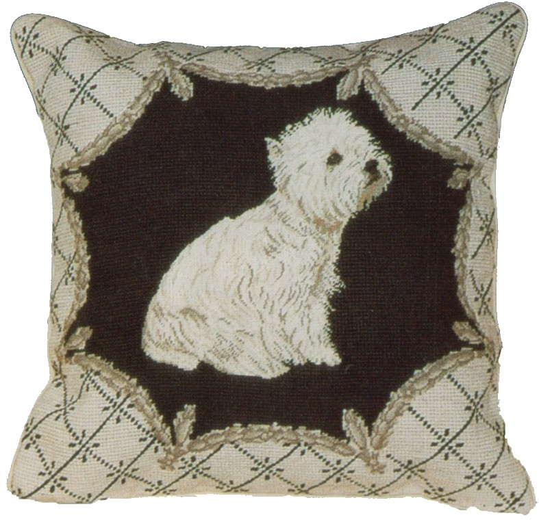 Needlepoint Hand-Embroidered Wool Throw Pillow Exquisite Home Designs  West Highland Terrier in liver gray trimming frame