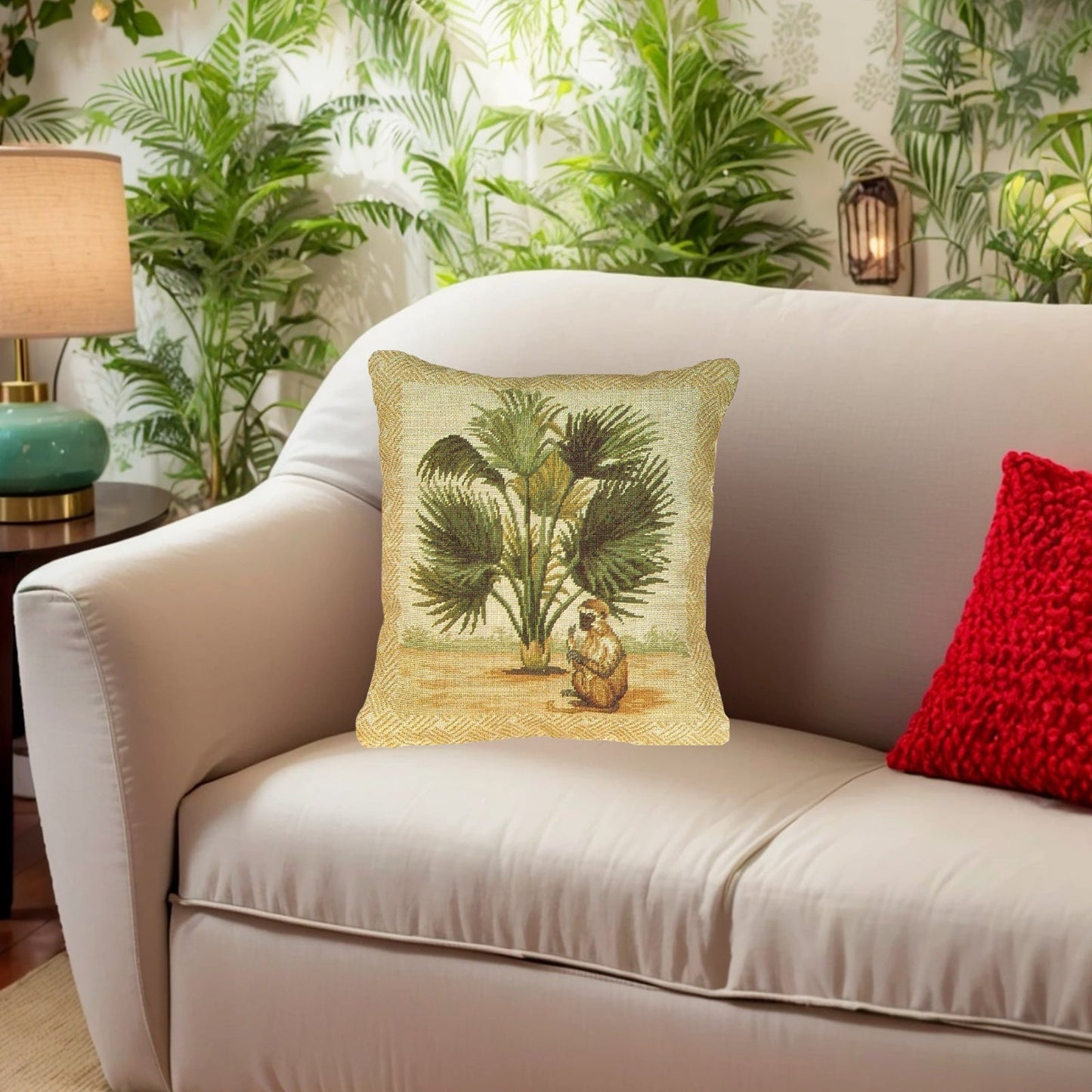 Handmade Wool Needlepoint Pillow Cover - Decorative Throw Cushion Cover - Vintage Floral Embroidery Design 5  long tail monkey & palm tree waved frame