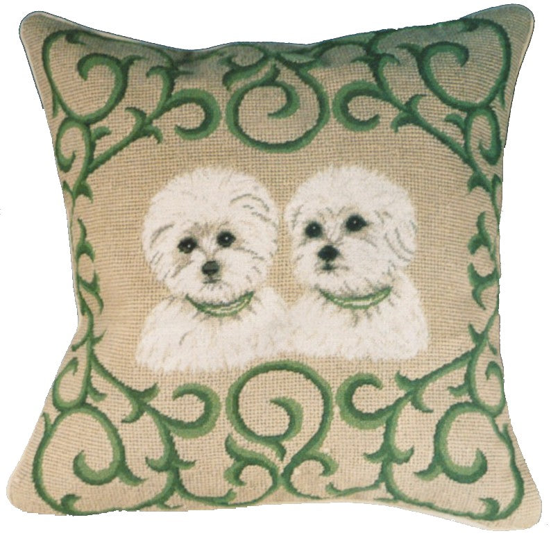 Needlepoint Hand-Embroidered Wool Throw Pillow Exquisite Home Designs  twin Westie in green leave frame