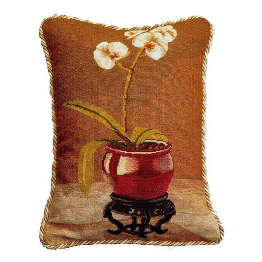 Handmade Wool Needlepoint Pillow Cover - Decorative Throw Cushion Cover - Vintage Floral Embroidery Design  white orchard in red pot with 2 color cording