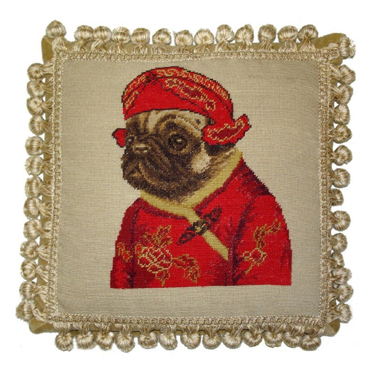 Handmade Wool Needlepoint Pillow Cover - Decorative Throw Cushion Cover - Vintage Floral Embroidery Design  pug boy in red jacket ware hat with 3 color cording