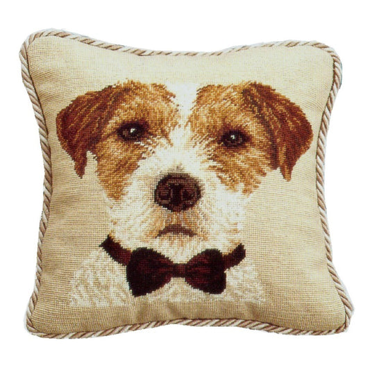 Handmade Wool Needlepoint Pillow Cover - Decorative Throw Cushion Cover - Vintage Floral Embroidery Design  Jack Russell with 2 color cording