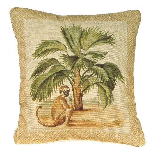 Handmade Wool Needlepoint Pillow Cover - Decorative Throw Cushion Cover - Vintage Floral Embroidery Design 5  long tail monkey & palm tree waved frame 1