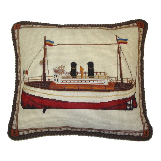 Handmade Wool Needlepoint Pillow Cover - Decorative Throw Cushion Cover - Vintage Floral Embroidery Design  boat with brown cording