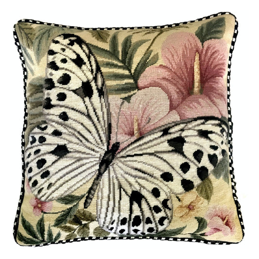 Handmade Wool Needlepoint Pillow Cover - Decorative Throw Cushion Cover - Vintage Floral Embroidery Design  butterfly w/b dark dots & pink flower with cording