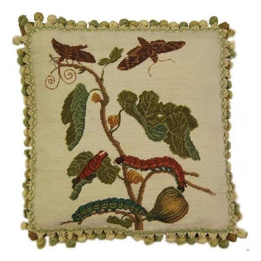 Handmade Wool Needlepoint Pillow Cover - Decorative Throw Cushion Cover - Vintage Floral Embroidery Design  background, green/brown caterpillars with 3 color tassels