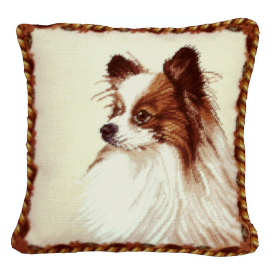 Handmade Wool Needlepoint Pillow Cover - Decorative Throw Cushion Cover - Vintage Floral Embroidery Design brown Papilon with cording