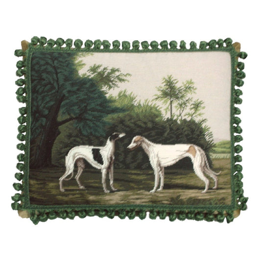 Handmade Wool Needlepoint Pillow Cover - Decorative Throw Cushion Cover - Vintage Floral Embroidery Design  2 Greyhound with tassels
