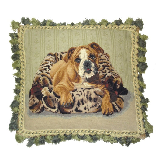 Handmade Wool Needlepoint Pillow Cover - Decorative Throw Cushion Cover - Vintage Floral Embroidery Design  bull dog with mixed green tassel