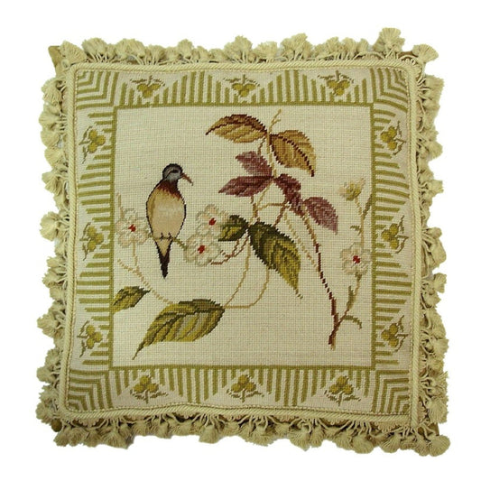 Handmade Wool Needlepoint Pillow Cover - Decorative Throw Cushion Cover - Vintage Floral Embroidery Design 1 Bird & Been flower)