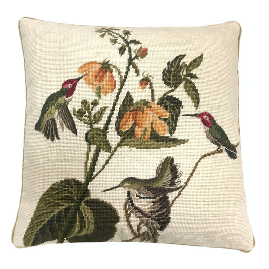 Handmade Wool Needlepoint Pillow Cover - Decorative Throw Cushion Cover - Vintage Floral Embroidery Design 3 humming birds yellow flower