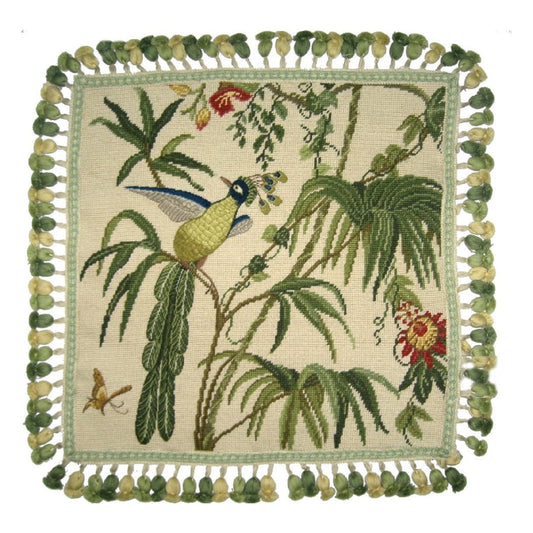 Handmade Wool Needlepoint Pillow Cover - Decorative Throw Cushion Cover - Vintage Floral Embroidery Design  blue phoenix with tassel