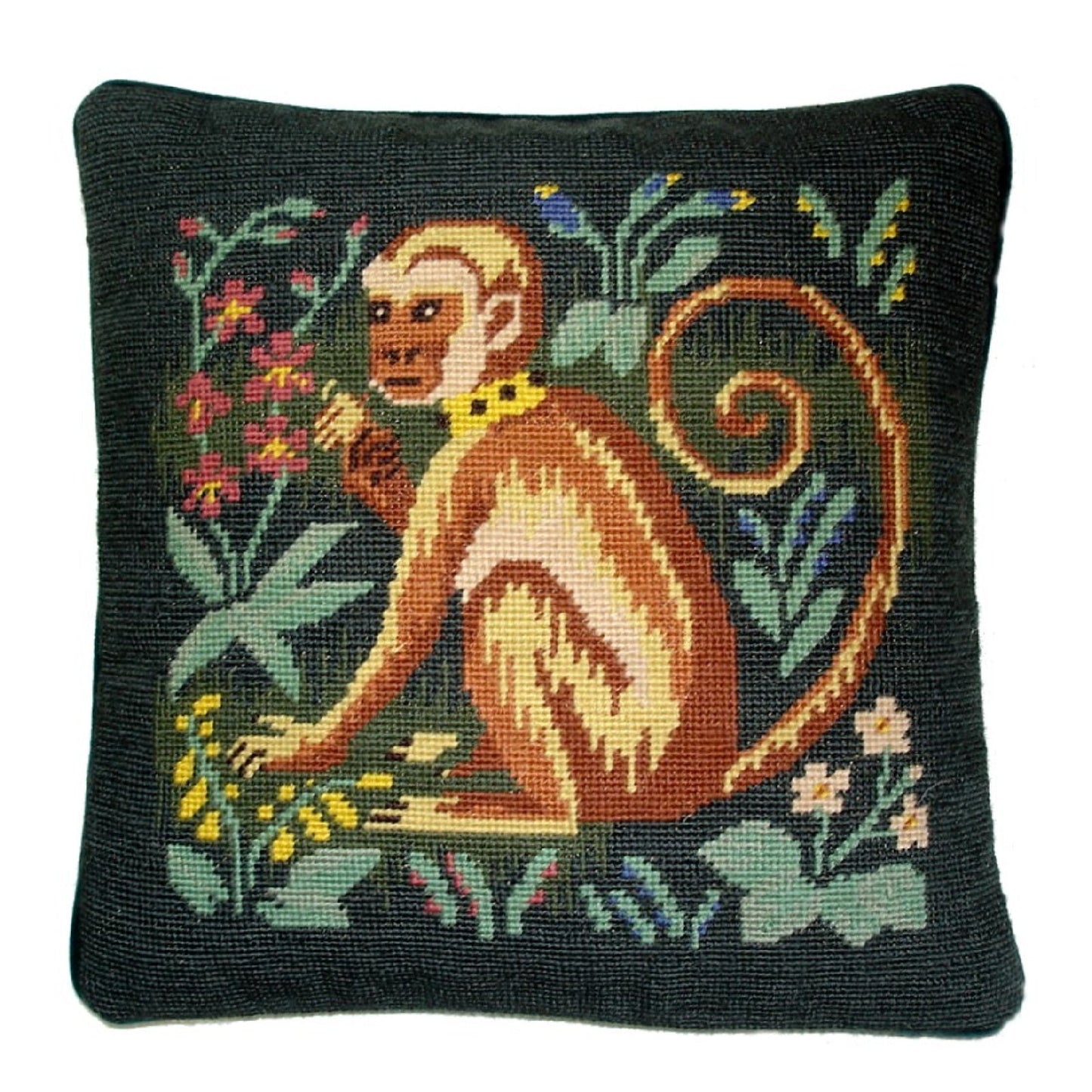 Handmade Wool Needlepoint Pillow Cover - Decorative Throw Cushion Cover - Vintage Floral Embroidery Design monkey hunting green background